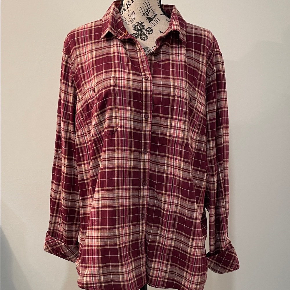 Burgundy/Beige Plaid Flannel Lightweight Button-Up Shirt